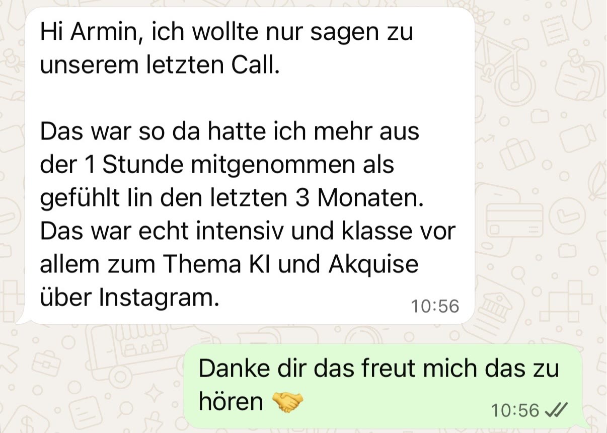 WhatsApp-Nachricht nach einem Call: mehr aus einer Stunde mitgenommen als in den letzten drei Monaten, vor allem zu KI und Akquise über Instagram