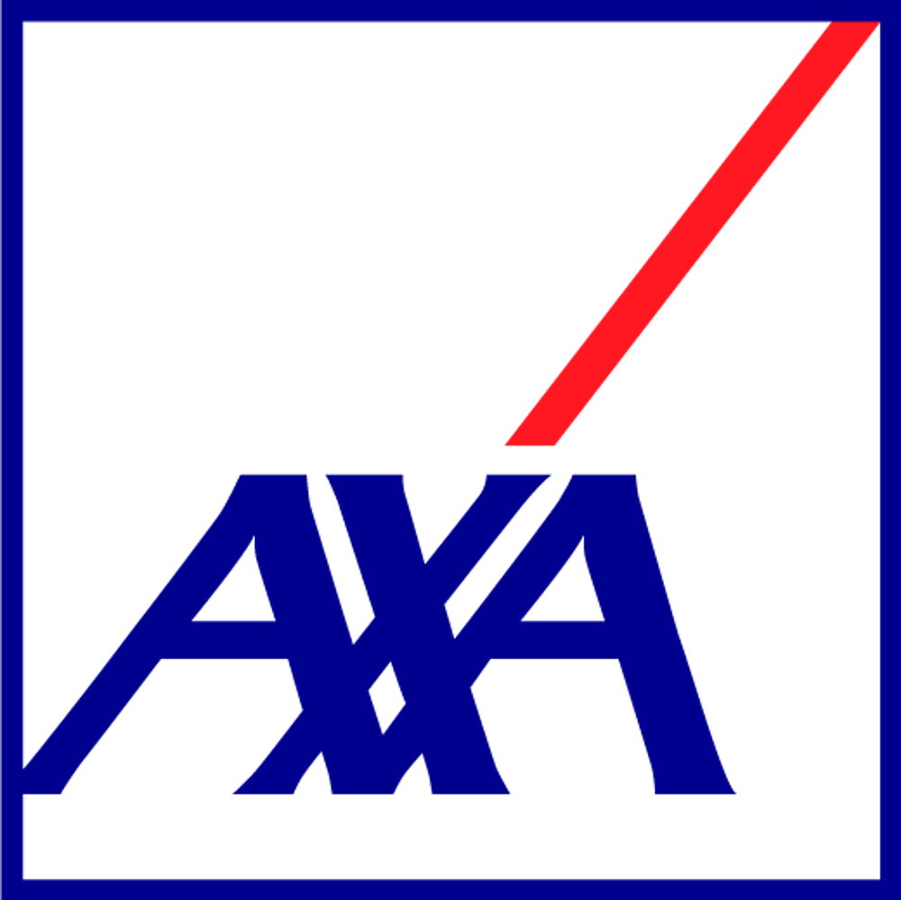 AXA Logo: Weißer Schriftzug "AXA" auf blauem Hintergrund mit einem roten diagonalen Balken oben rechts.