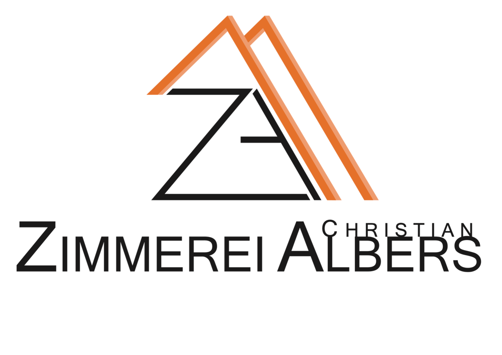 Logo Zimmerei Christian Albers: Zwei verschachtelte Dreiecke, orange und schwarz, über dem Text "Zimmerei Christian Albers".