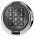Rundes, silbernes elektronisches Codeschloss mit schwarzem Tastenfeld mit Ziffern 0-9, C und Stern.