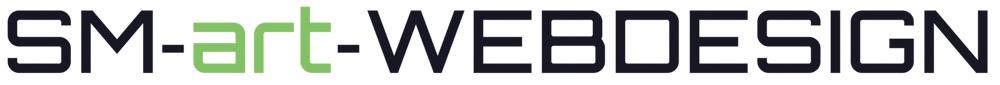 Der Text "SM-art-WEBDESIGN" in dunkelblauen und hellgrünen Großbuchstaben steht auf einem dunkelgrünen Hintergrund.