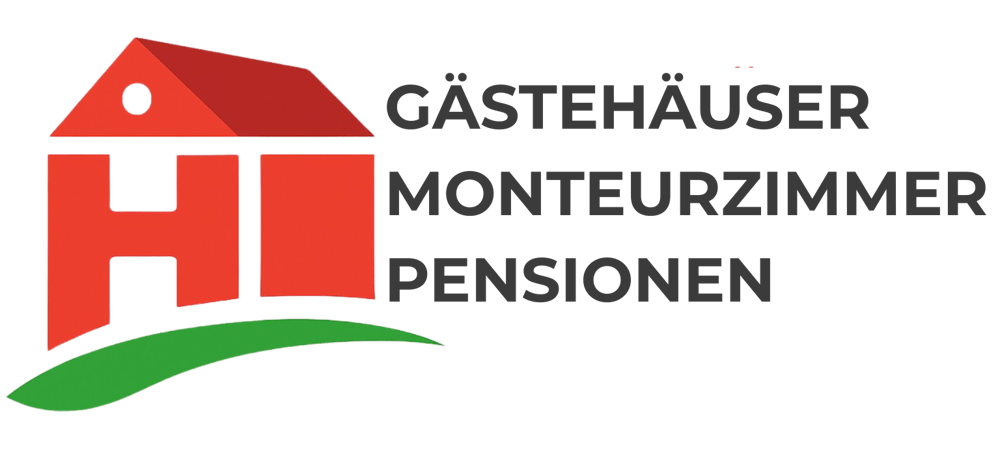 Rotes Haus-Logo mit den Buchstaben "H" und "I" und grünem Bogen, daneben der Text "GÄSTEHÄUSER MONTEURZIMMER PENSIONEN".