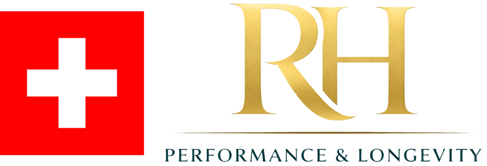 Schweizer Flagge und goldener RH-Logo-Schriftzug mit "PERFORMANCE & LONGEVITY" darunter.
