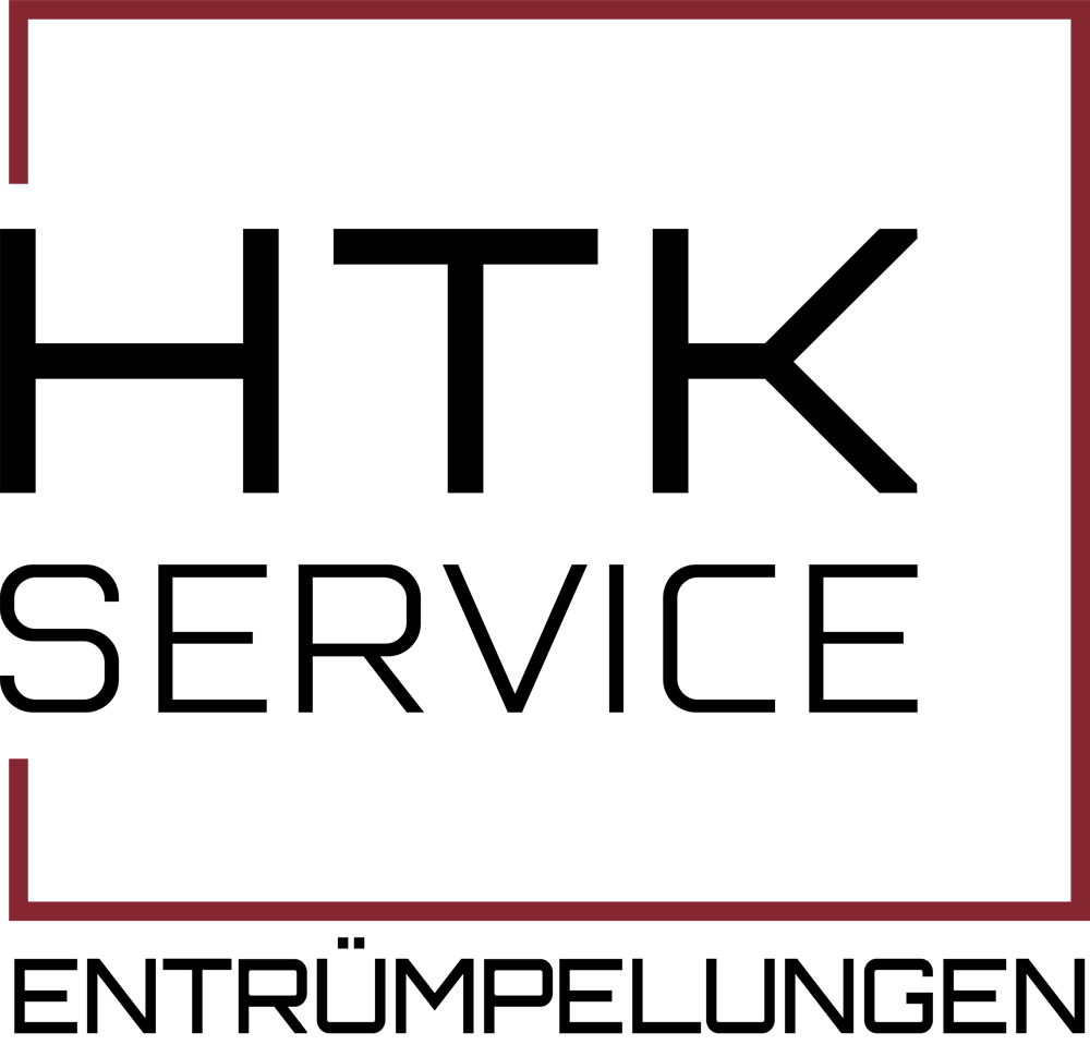 HTK Service Entrümpelungen Logo, schwarzer Text auf dunkelgrünem Hintergrund mit rotem Rahmen.