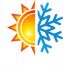 Sonne und Schneeflocke teilen sich vertikal, darunter Häuser mit Heiz- und Kühlsymbolen.