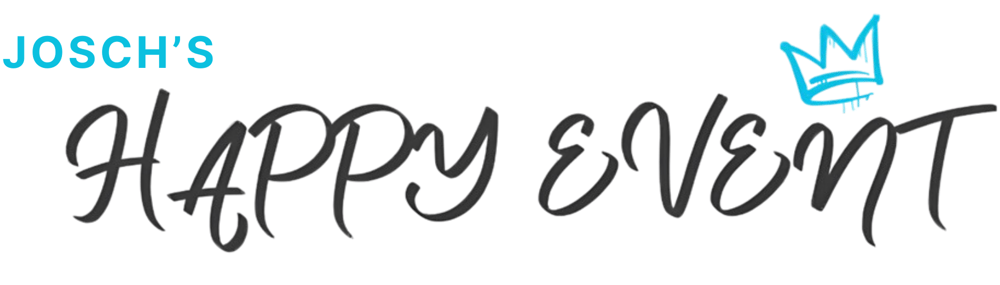 Schriftzug "JOSCH'S HAPPY EVENT" mit blauer Krone über dem T.