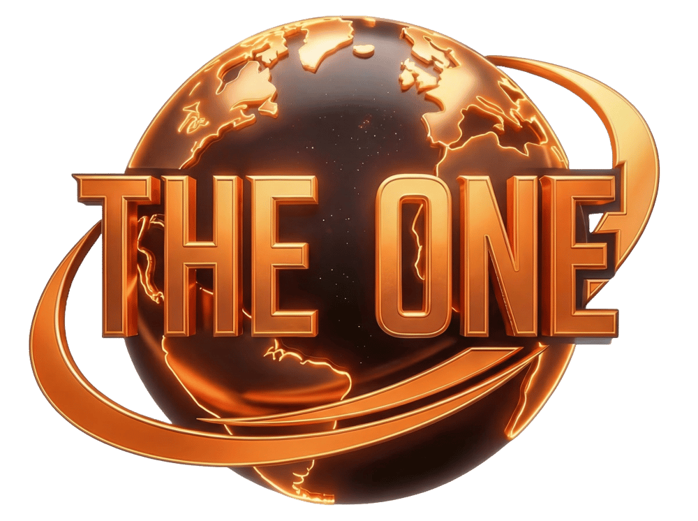 Orangefarbenes Gitterkugel-Logo mit einem orangefarbenen Halbmond und dem Text „THE ONE“.
