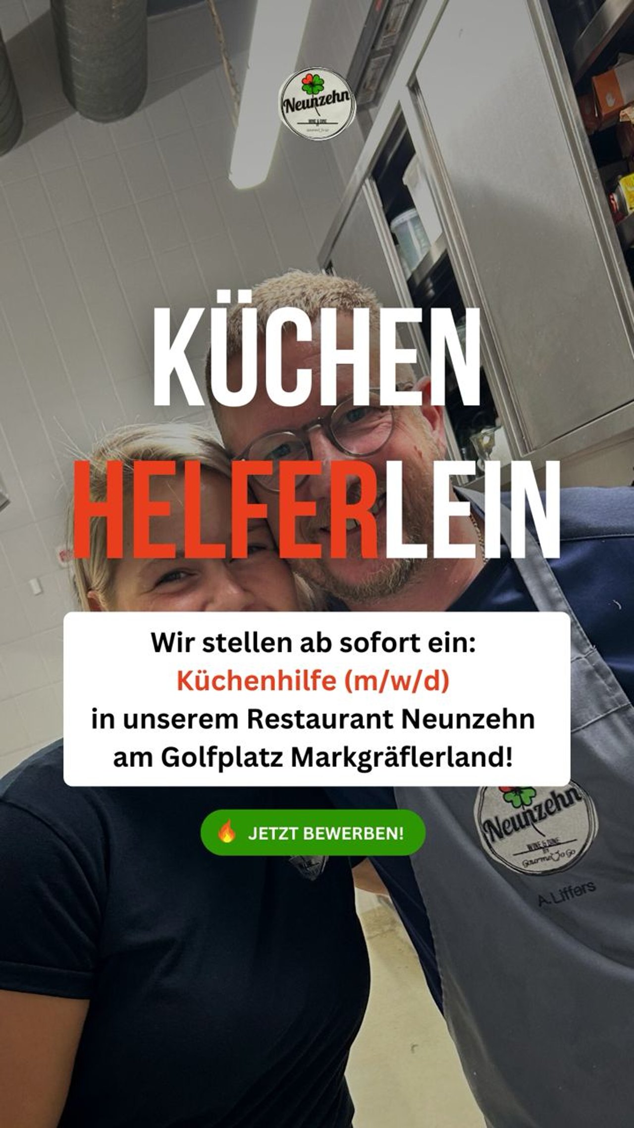 Recruiting-Anzeige Restaurant Neunzehn: Team in der Küche, „Küchenhelferlein“, Küchenhilfe ab sofort gesucht