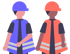 Zwei Bauarbeiter in Schutzkleidung: einer in blauer Weste und Helm, der andere in orangefarbener Weste und Helm.
