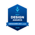 Blauer sechseckiger DesignRush "Best Design Awards 2025" Aufkleber mit Flammenlogo.