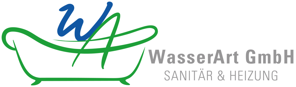 Logo der WasserArt GmbH Sanitär & Heizung mit grüner Badewannen-Silhouette und blauem WA-Schriftzug auf schwarzem Grund.