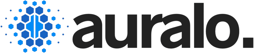 Logo von Auralo mit einem blauen Wabenmuster und dem schwarzen Text "auralo.".