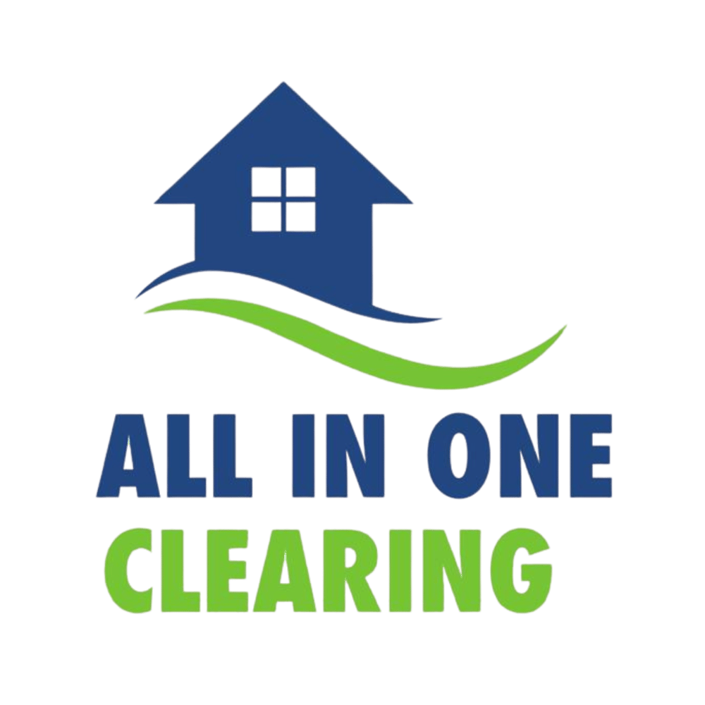 Blaues Haus-Logo mit grünen Wellen darunter und dem Text "ALL IN ONE CLEARING" in Blau und Grün.