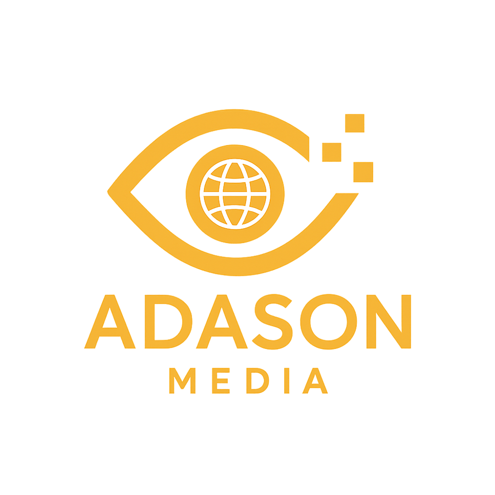 Goldenes Auge mit Globus-Pupille und Pixeln, darunter "ADASON MEDIA" auf schwarzem Hintergrund.