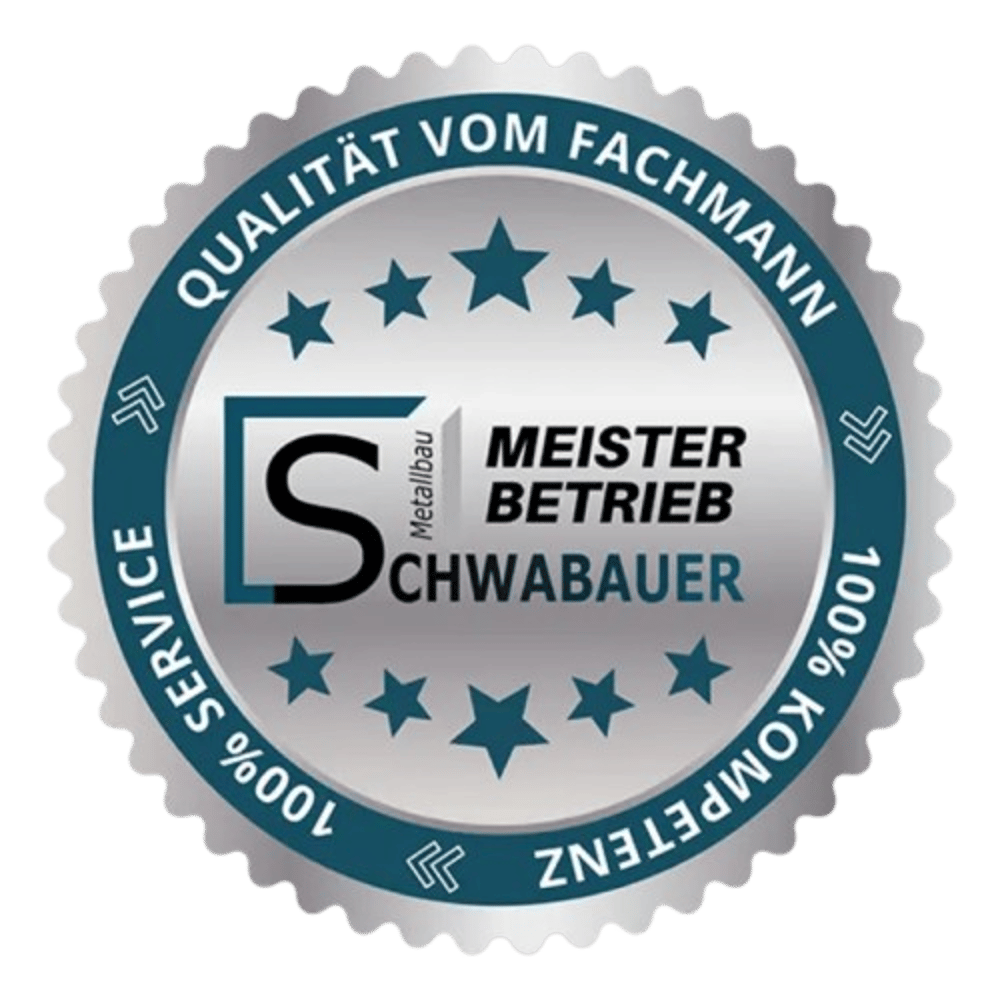 Silbernes Meisterbetrieb-Siegel mit "QUALITÄT VOM FACHMANN", "100% SERVICE", "100% KOMPETENZ" und Firmenlogo "S Metallbau SCHWABAUER".