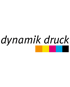 Schwarzer Text "dynamik druck" mit fünf Farbfeldern: Orange, Gelb, Magenta, Cyan, Schwarz.