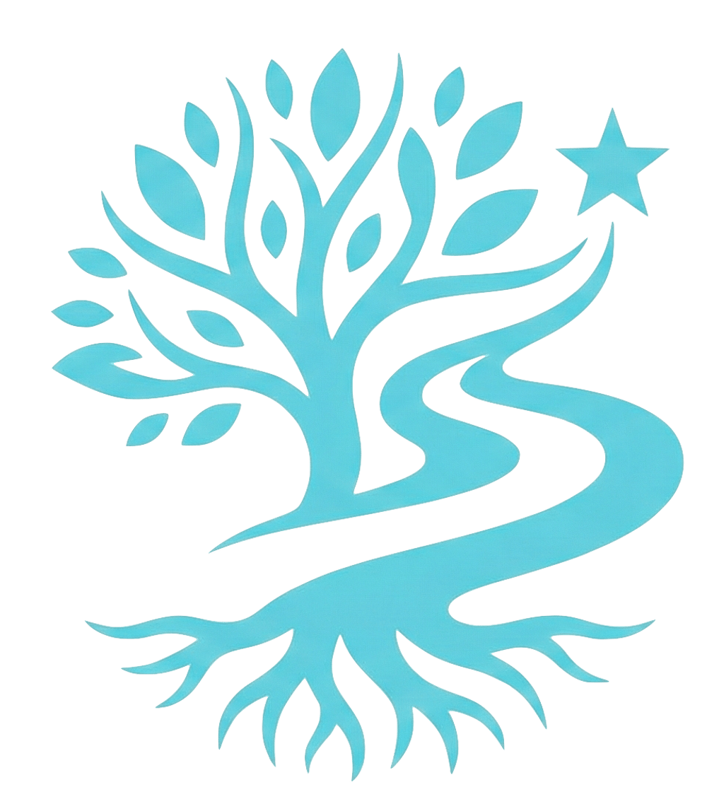 Türkisfarbener Baum mit Wurzeln, Blättern, einem gewundenen Fluss und einem Stern.