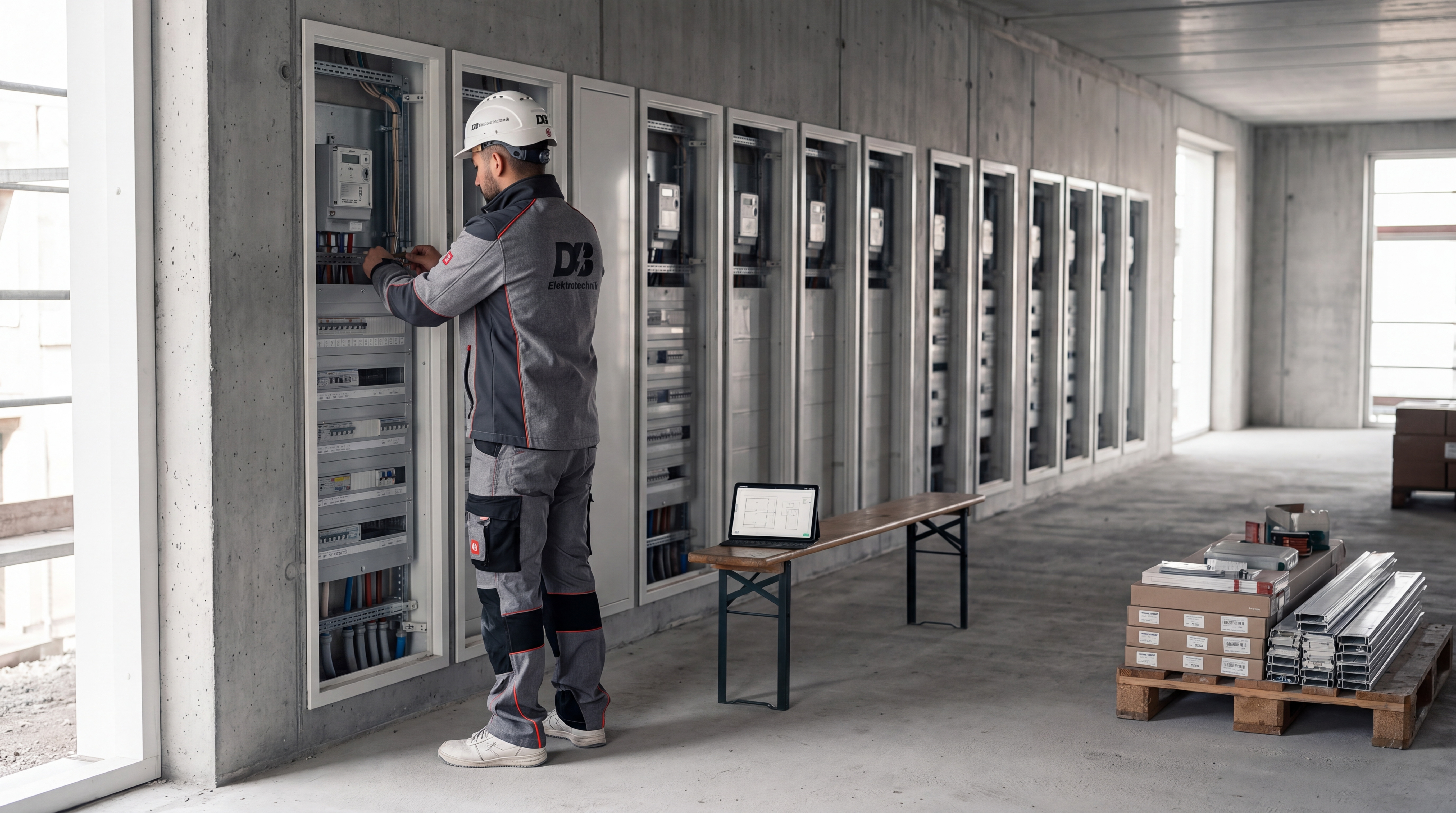 Monteur von D&B Elektrotechnik am beschrifteten Firmenwagen