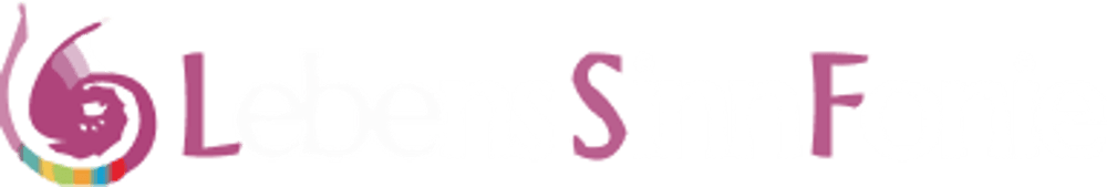 Logo "LebensSinnFonIe" mit einer magenta Spirale, die in bunten Streifen endet.