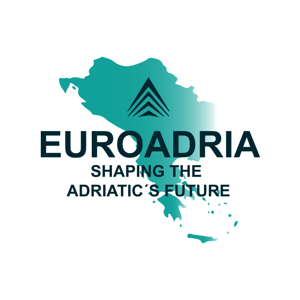 Karte der Adria-Region mit Logo EUROADRIA: SHAPING THE ADRIATIC'S FUTURE und symbolischen Bergen