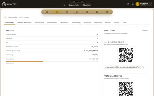 Liegenschaft Lindenhof mit Stammdaten und QR-Code