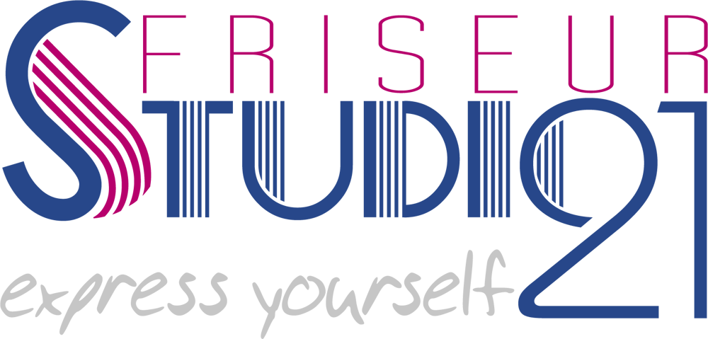 Friseur Studio 21 Logo mit rosa und blauen Buchstaben, darunter der Slogan "express yourself" in Grau.
