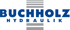 Blaues Logo mit dem Text "BUCHHOLZ HYDRAULIK" und einem vertikalen Balken aus grauen Streifen.