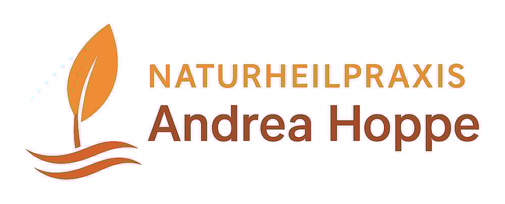 Logo "NATURHEILPRAXIS Andrea Hoppe" mit einem orangefarbenen Blatt auf zwei geschwungenen Linien.