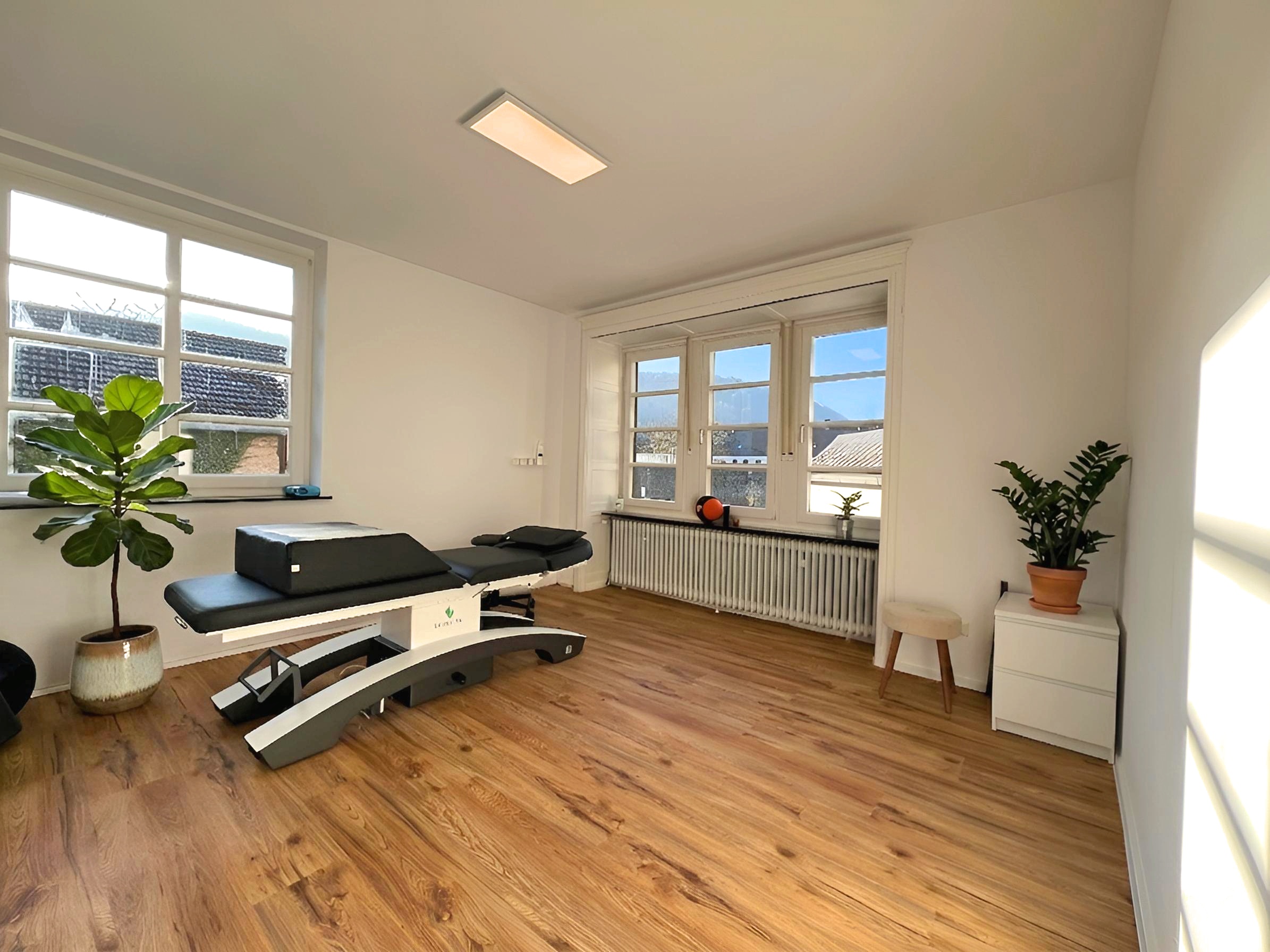 Heller Therapieraum mit Holzboden, Behandlungsliege und großen Fenstern