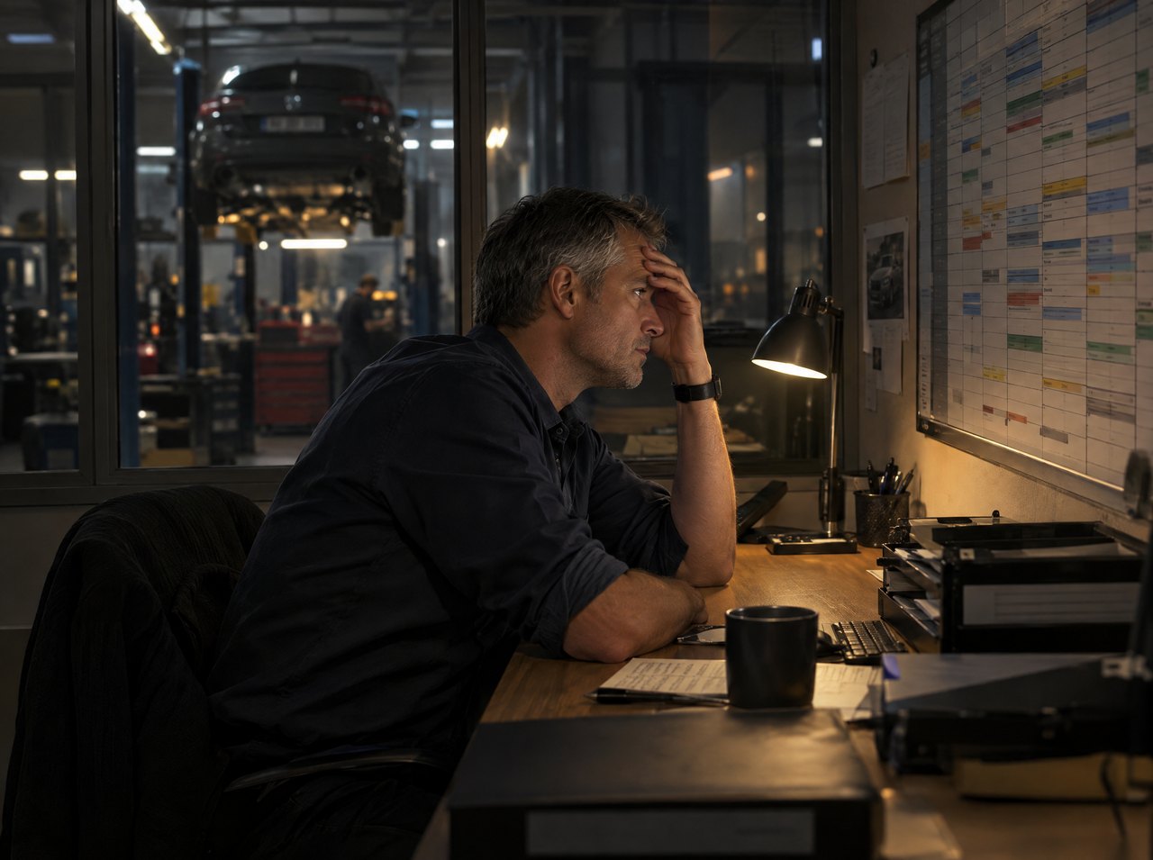 Garageninhaber am Abend im Büro vor einer vollen Werkstattplanung