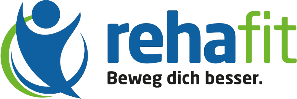 Logo von RehaFit mit stilisiertem Menschen in blau und grün, Text "rehafit" und Slogan "Beweg dich besser."