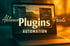 Laptop mit geöffneter Software, die eine bergige Landschaft zeigt, mit den Worten "Aktionen Plugins Presets AUTOMATION".