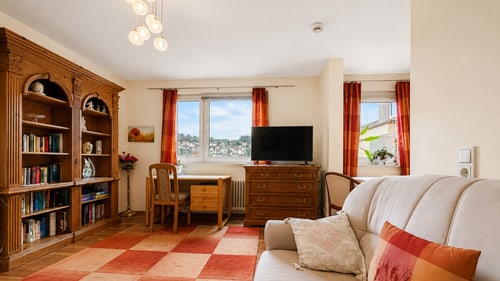 Wohnzimmer der Ferienwohnung Ausblick Spessart mit Sofaecke, Fernseher und großem Fenster