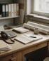Schreibtisch im Sekretariat mit Telefon, Terminkalender und gerollten Plänen
