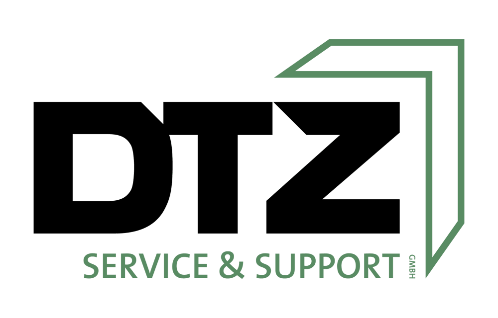 Logo der DTZ Service & Support GmbH mit grünem Winkelelement auf schwarzem Hintergrund.