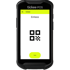 Ein schwarzes tickee POS-Smartphone mit einem QR-Code und einem "Scan"-Button auf dem Bildschirm.