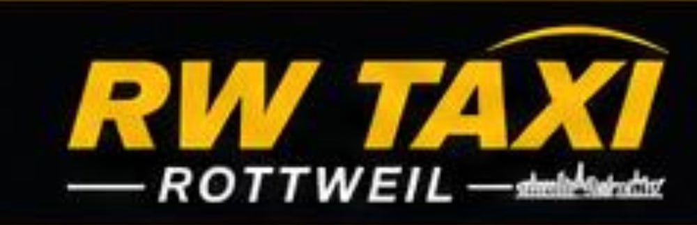 Gelbes Logo von RW TAXI Rottweil auf schwarzem Hintergrund mit einer angedeuteten Skyline-Grafik.
