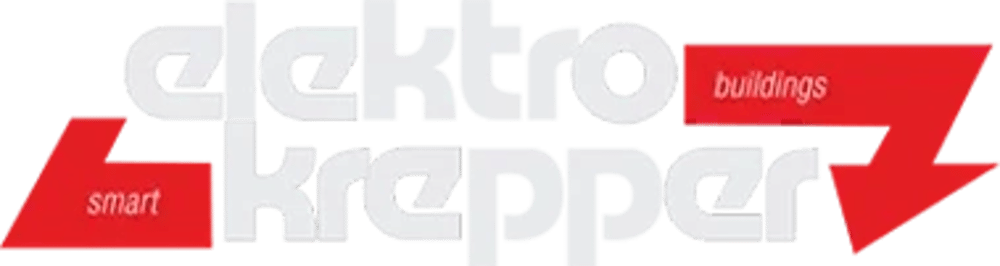 Logo: "elektro krepper" in Weiß, mit "smart" und "buildings" auf roten Pfeilformen.