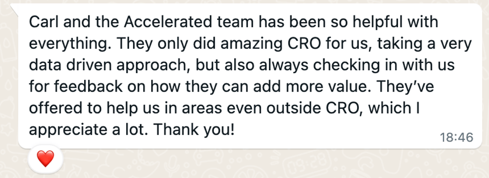 WhatsApp message from a client about working with Carl and the team