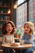 Zwei lachende Frauen sitzen an einem Holztisch mit Kaffee und einem Croissant in einem Café.