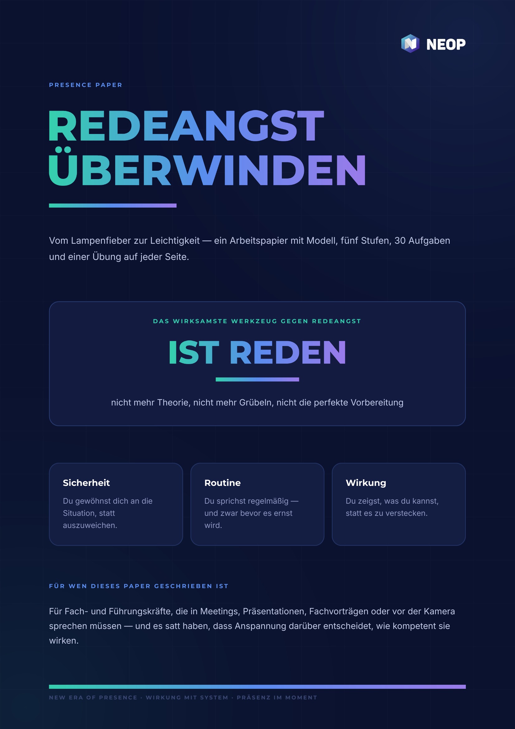 Redeangst überwinden — vom Lampenfieber zur Leichtigkeit — Presence Paper, Titelseite