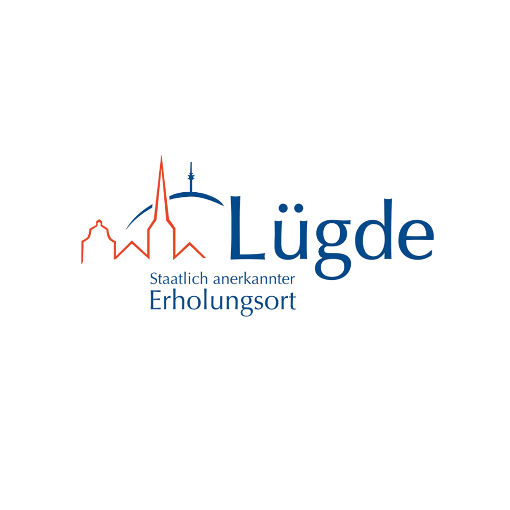 Logo von Lügde: Rote Skyline, blauer Hügel, Schriftzug "Lügde Staatlich anerkannter Erholungsort".