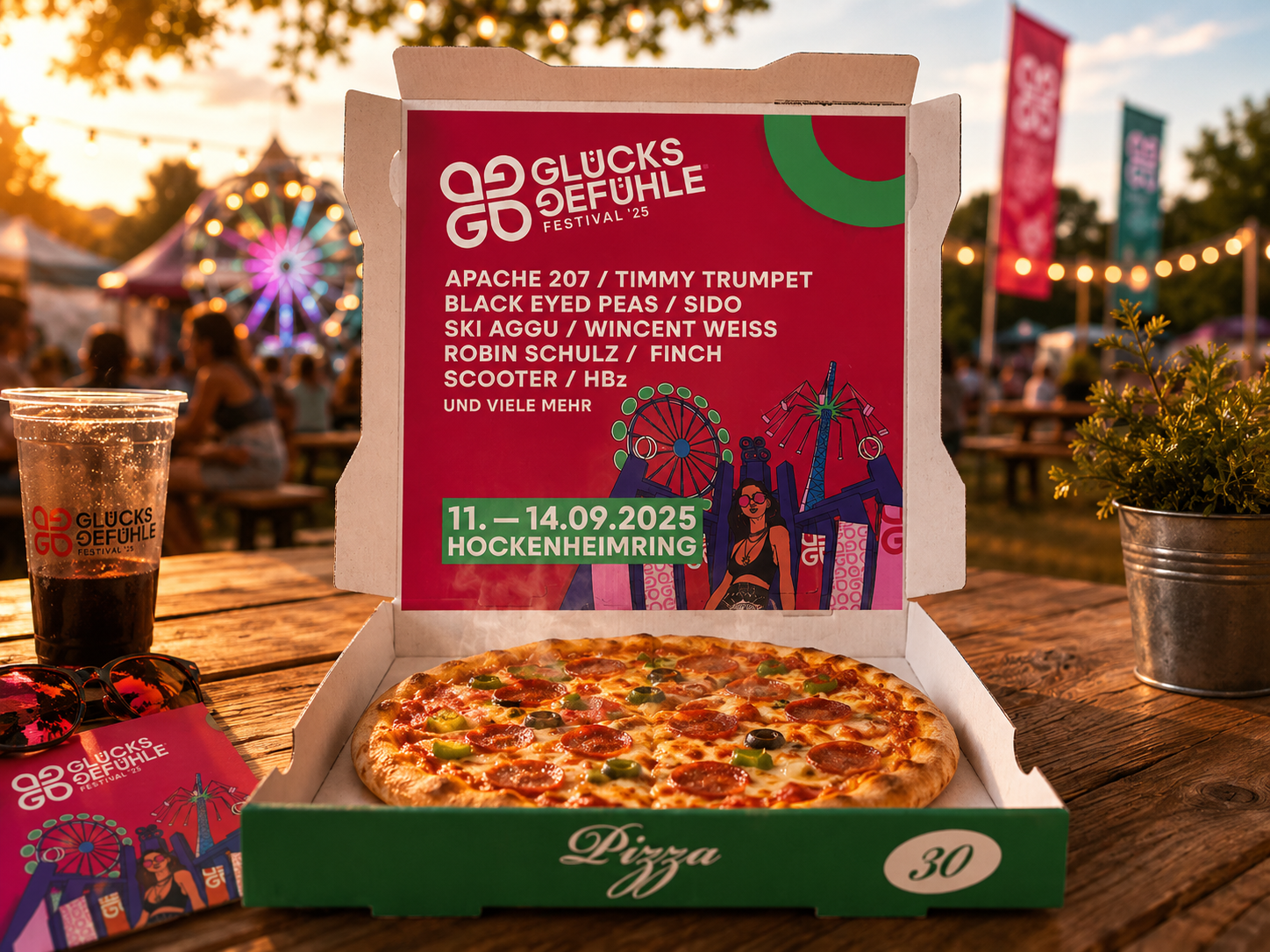 Glückgefühle Festival 2025 — Brand Awareness Kampagne, Werbung im Pizzakarton, Stuttgart - Frankfurt