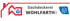 Logo der Dachdeckerei Wohlfarth GmbH mit rotem Haus-Symbol und Dachdecker-Zunftzeichen auf schwarzem Hintergrund.