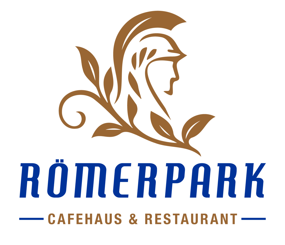 Braunes Profil eines römischen Kriegers mit Blattwerk; Text: RÖMERPARK – CAFEHAUS & RESTAURANT.