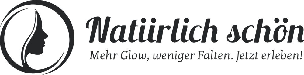 Logo mit Frauengesicht im Profil in einem Kreis und Text "Natürlich schön. Mehr Glow, weniger Falten. Jetzt erleben!"