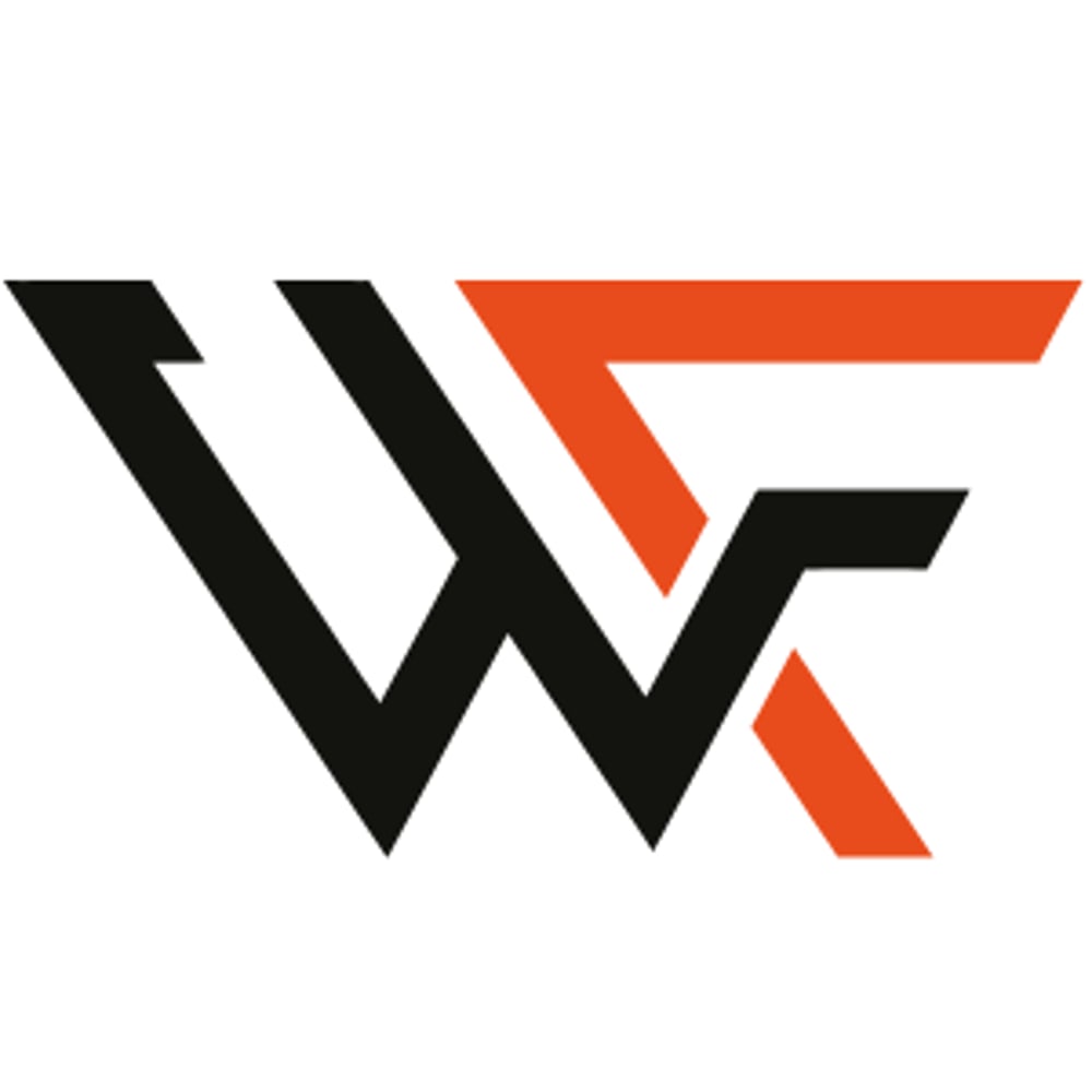 Schwarz-orangefarbenes Logo mit den stilisierten Buchstaben "W" und "K".