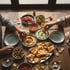Auswahl türkischer Meze mit Hummus, Joghurt, Gemüse und frischem Brot