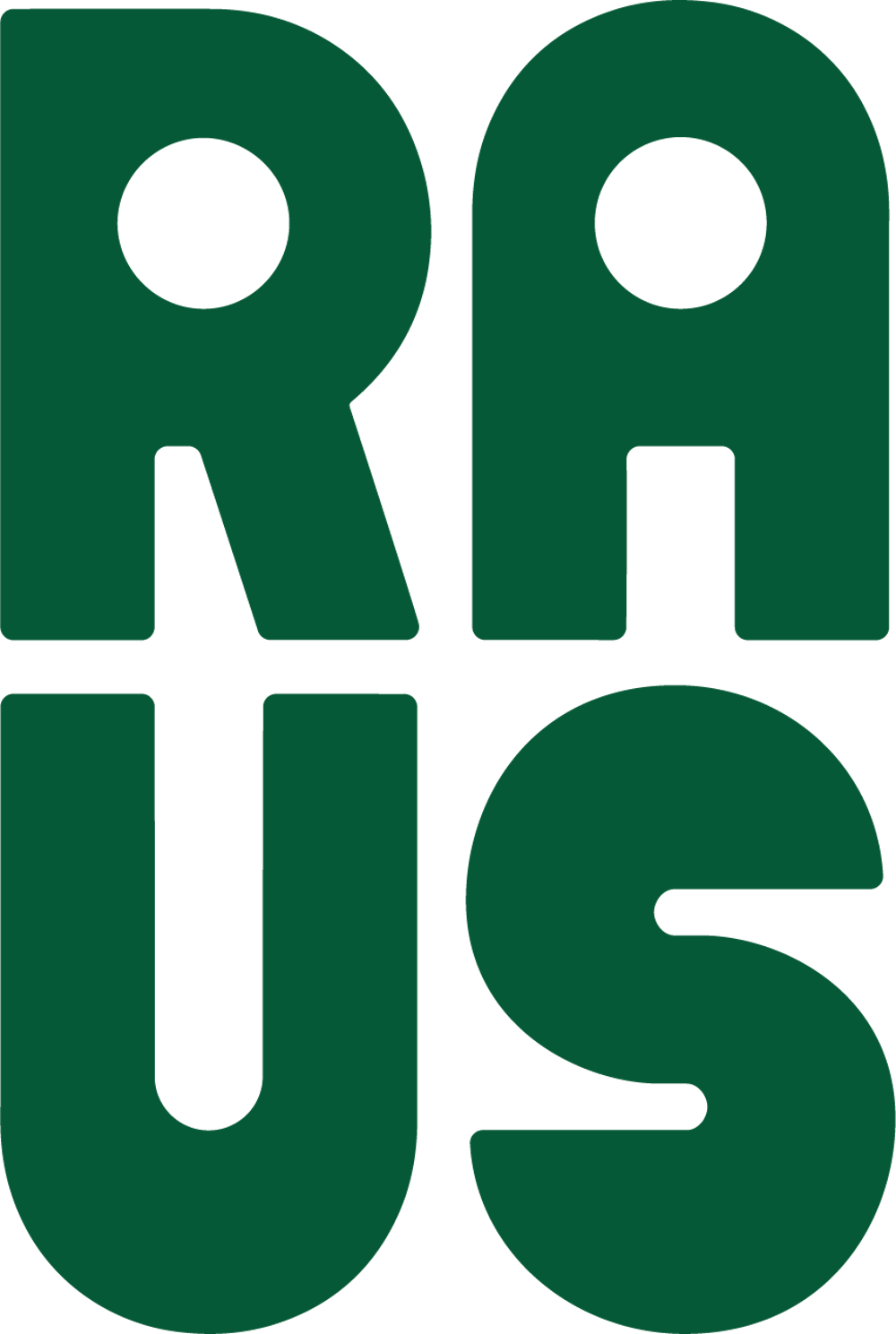 Das Wort "RAUS" steht in großen, dunkelgrünen Buchstaben auf einem hellgrünen Hintergrund.