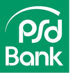 PSD Bank Logo: Weißer "psd"-Schriftzug über "Bank" auf grünem Hintergrund mit geschwungenem Bogen.